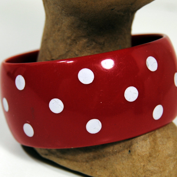 Bangle Bracelet Red with White Dots Plastic Boho - Picture 2 of 3